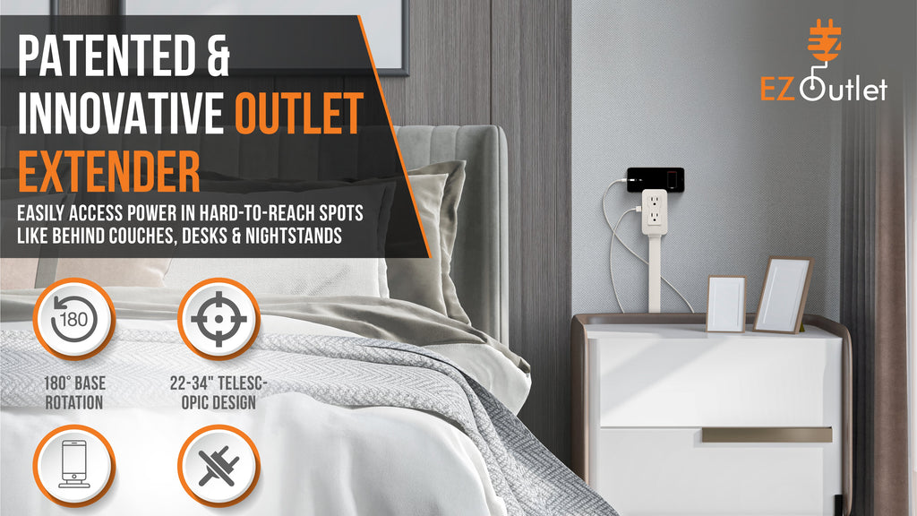 EZ Outlet Electrical Outlet Extender with USB-A USB-C & 2 AC Outlets Swivel Socket 22-34" Extension for Couches Nightstands Desks